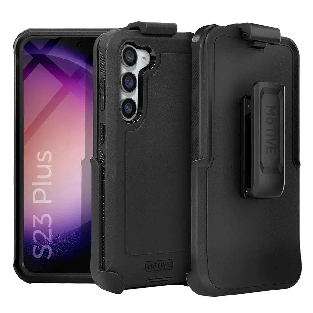 Galaxy S23 Plus heavy duty case with holster and kickstand, rugged protection.