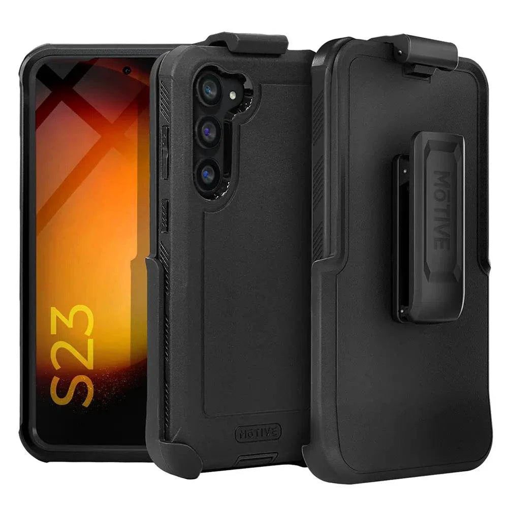 Rugged Samsung Galaxy S23 case with belt clip, quad-layer protection, kickstand.