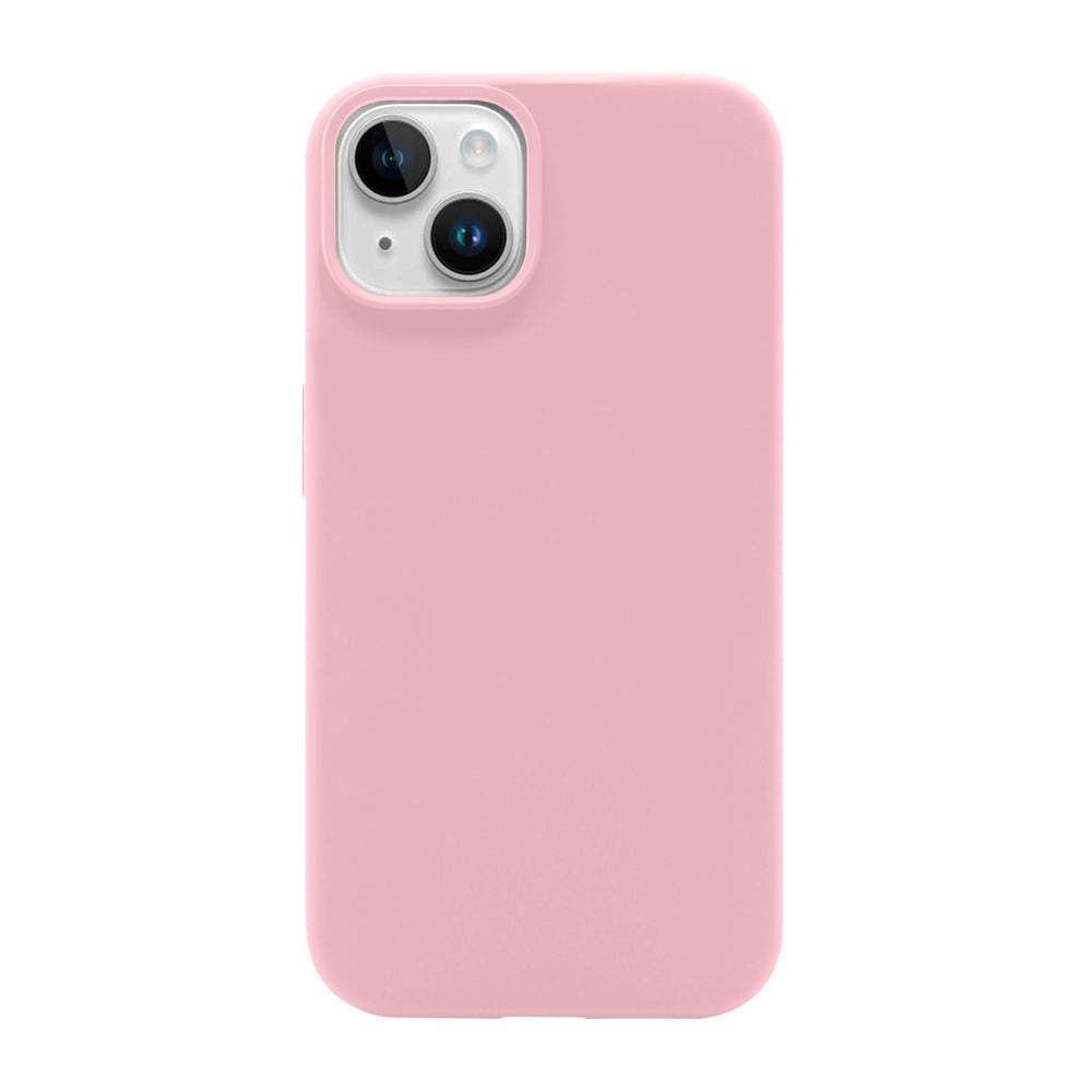 Pink silicone case for iPhone 15, slim design with camera protection.