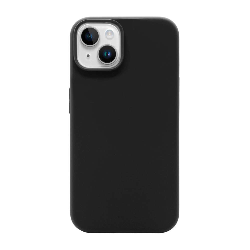 Black liquid silicone slim case for iPhone 15 Plus offering style and protection.