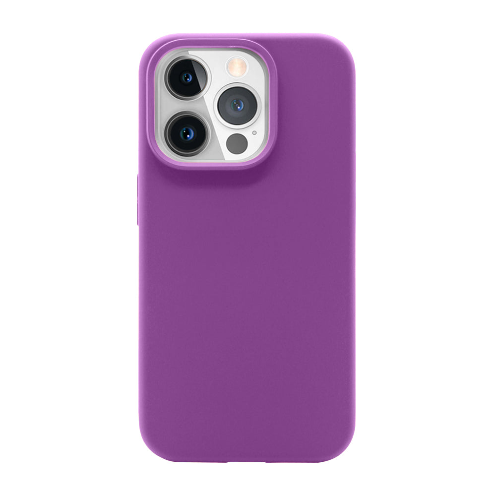 Purple silicone case for iPhone 15 Pro, slim fit, wireless charging compatible.