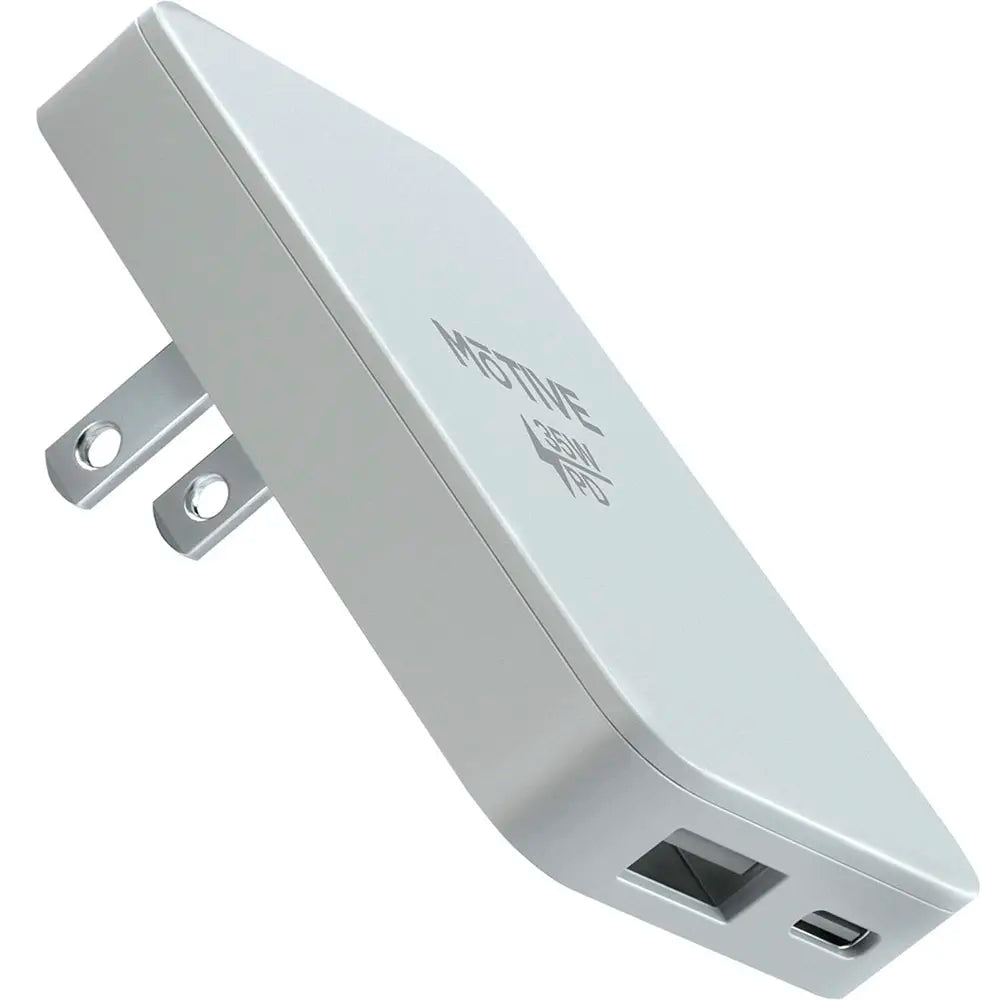 Flat wall charger with dual USB-C and USB-A ports for super fast charging.