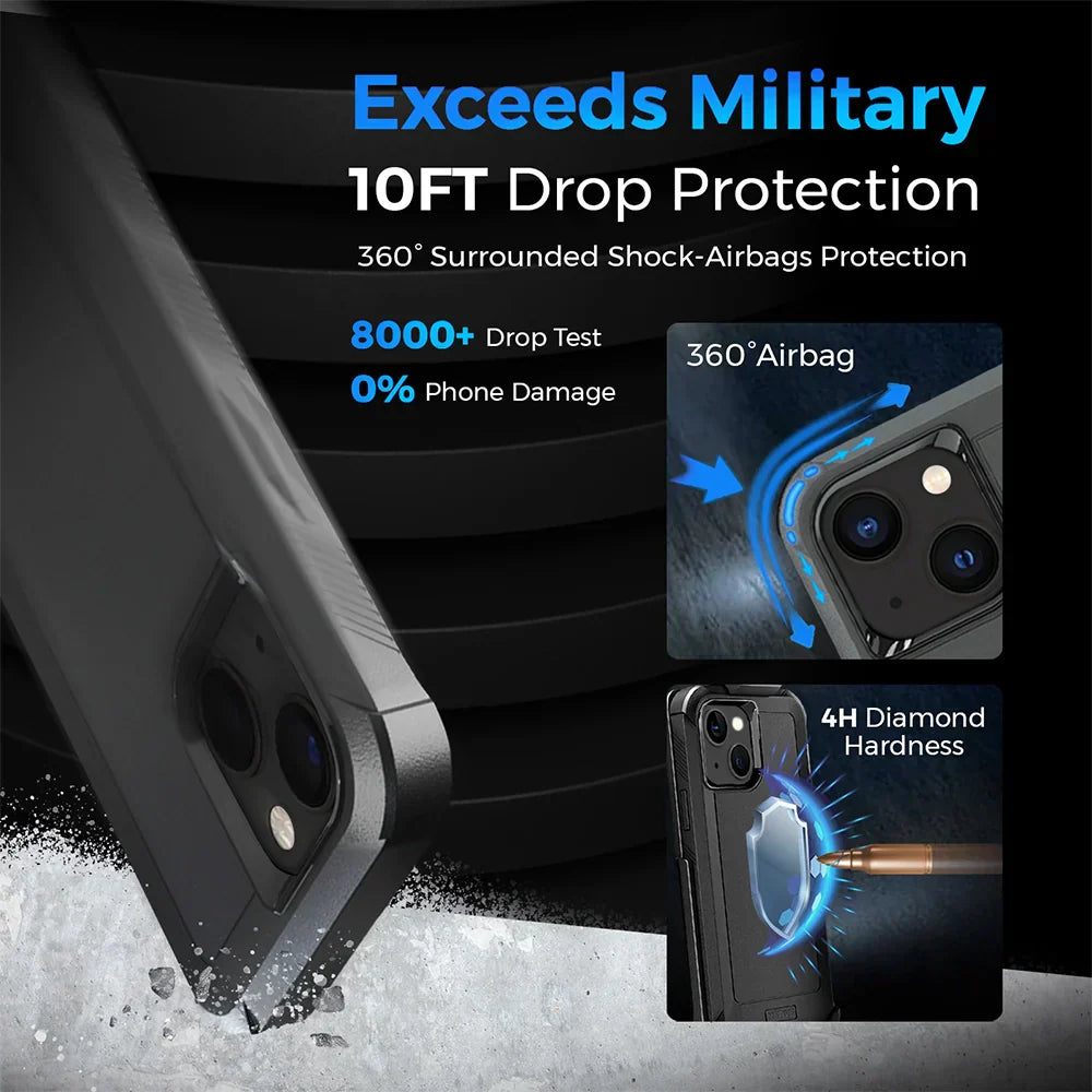 iPhone 14 case with belt clip, heavy-duty rugged protection, military-grade, shockproof, drop tested, wireless charging compatible, 360-degree defense.