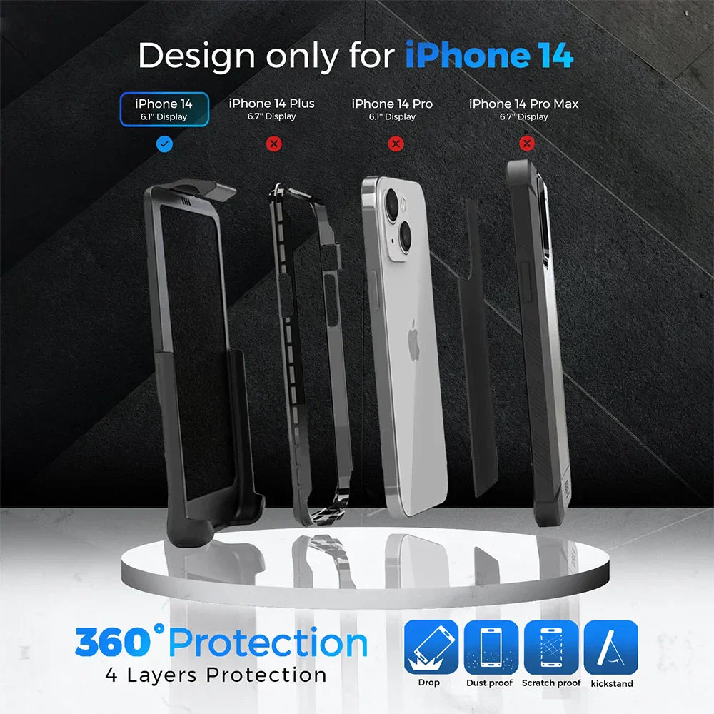 iPhone 14 rugged case with belt clip, heavy duty protection, military-grade shockproof, wireless charging compatible.