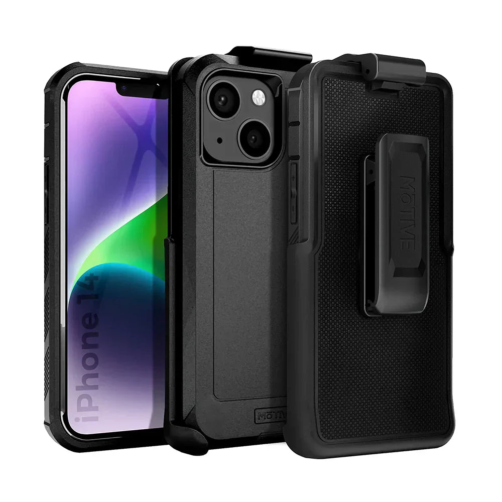 iPhone 14 case with belt clip, heavy-duty rugged protection, shockproof, wireless charging compatible.