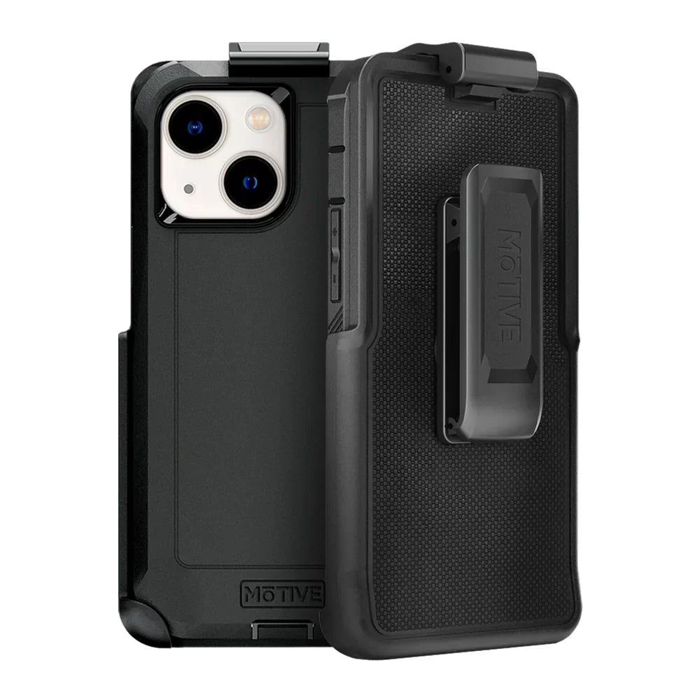 iPhone 14 case with belt clip, heavy duty rugged protection, black robust design.