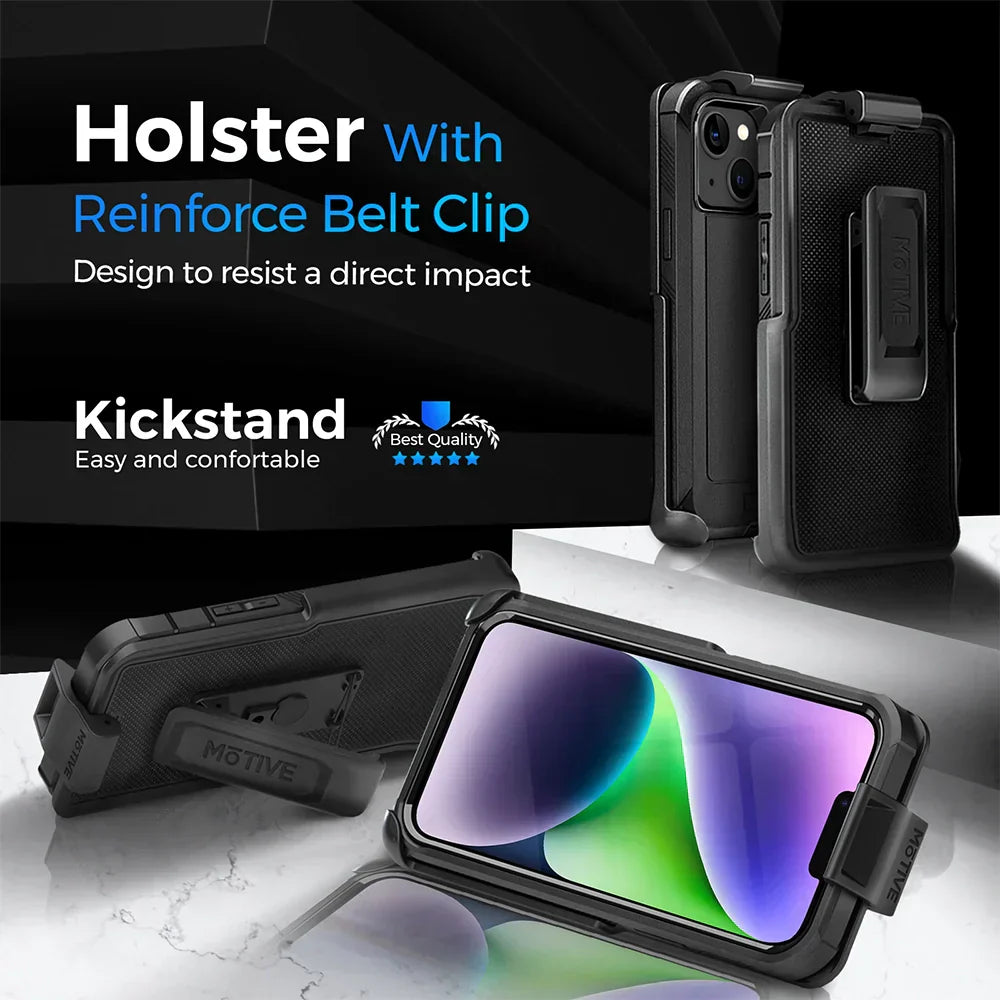 Rugged iPhone 14 case with belt clip, heavy-duty protection, kickstand feature.