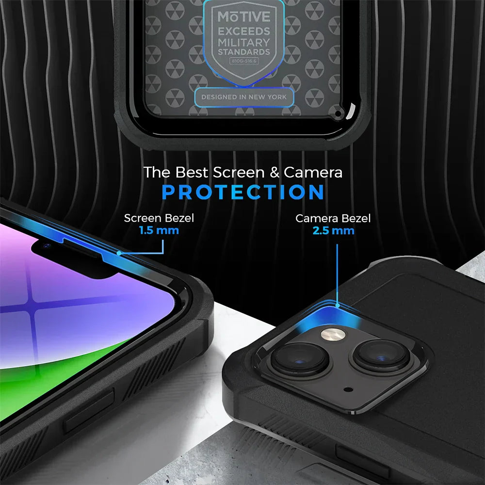 iPhone 14 case with belt clip featuring rugged protection and raised bezels for screen and camera safety.
