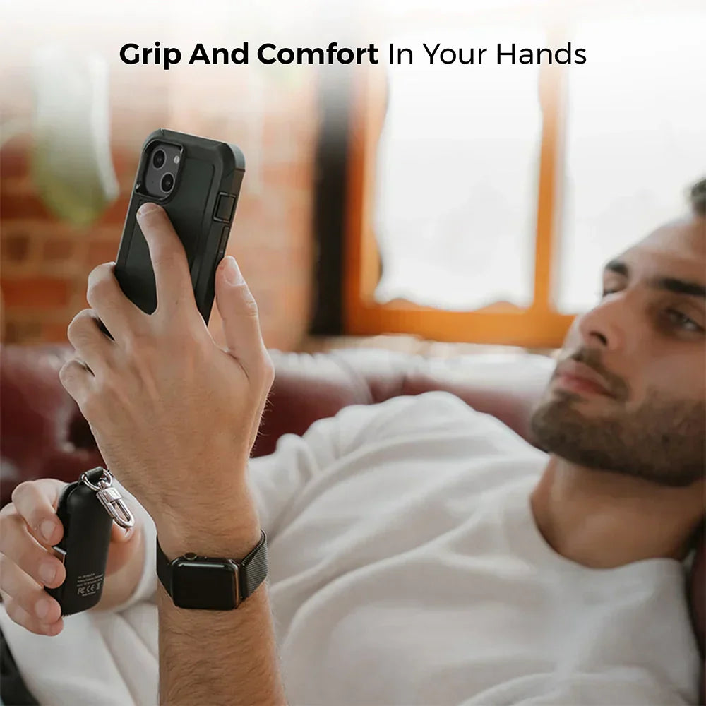 iPhone 14 case with belt clip, heavy duty rugged protection, man holding phone.