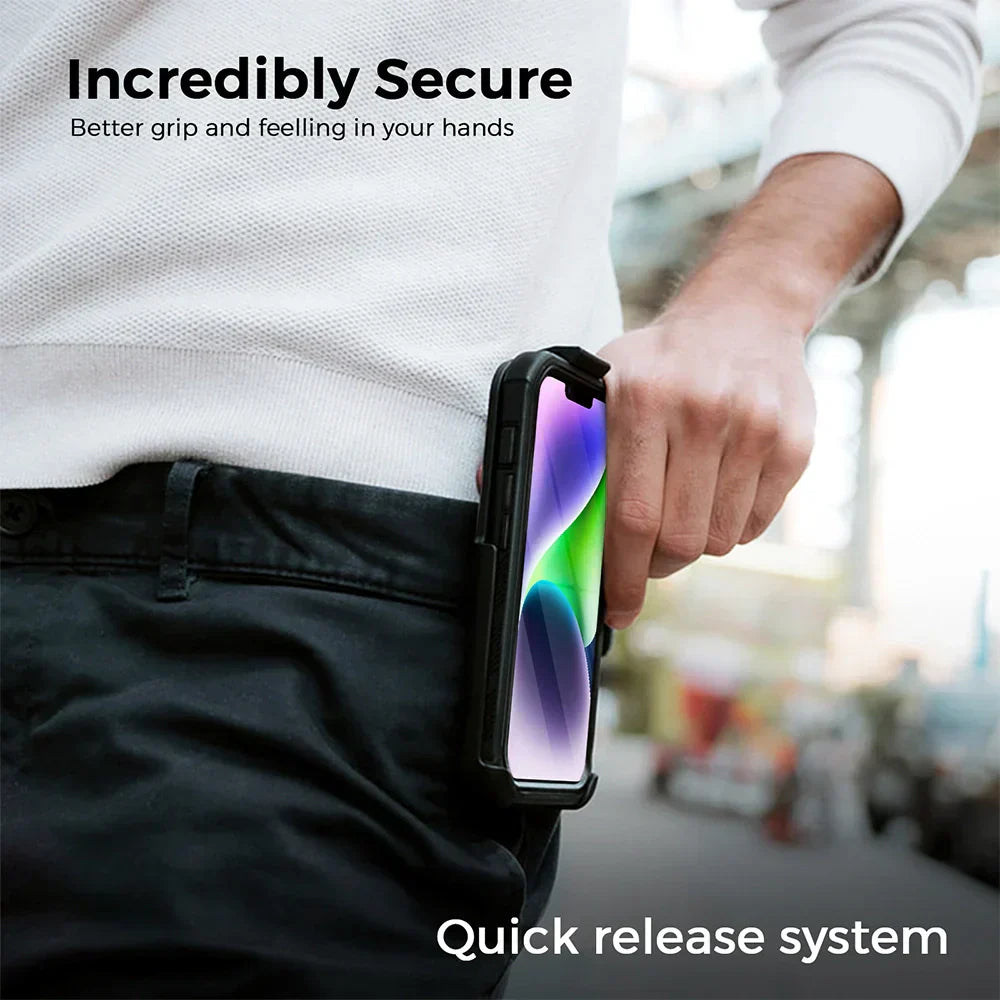 iPhone 14 case with belt clip for rugged protection and portability.