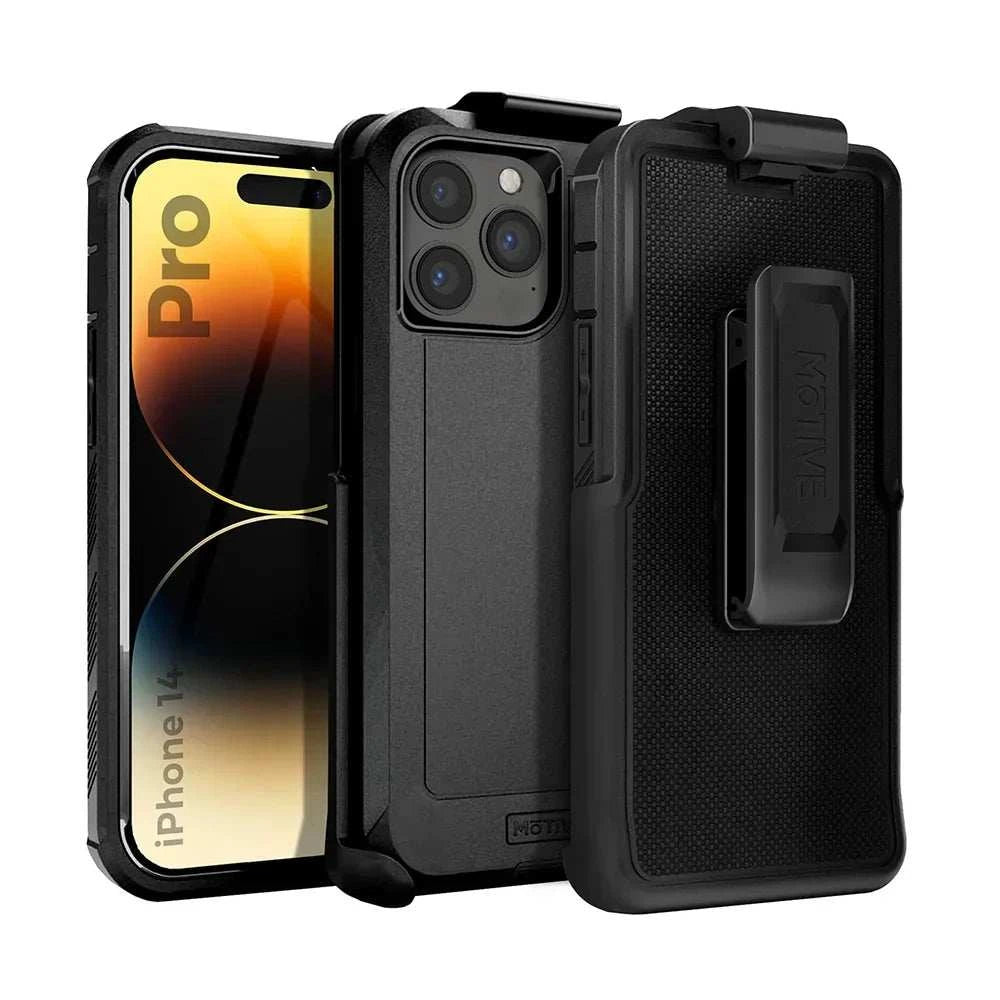 iPhone 14 Pro heavy duty case with belt clip holster and kickstand, black, for rugged protection.