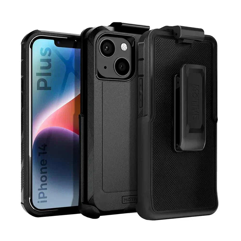 iPhone 14 Plus heavy duty holster with belt clip and kickstand, black case with quad-layer protection.