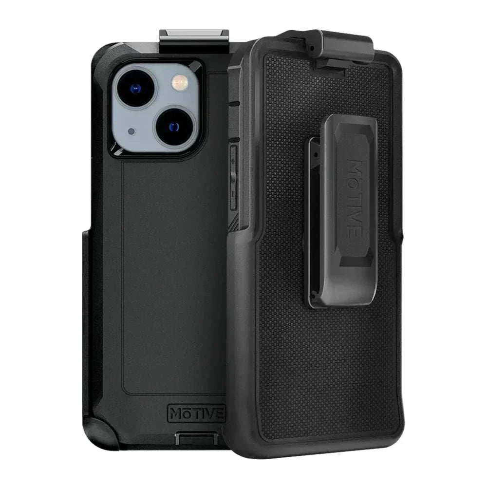 Heavy-duty iPhone 14 Plus holster with belt clip, quad-layer construction, and built-in kickstand for protection and convenience.