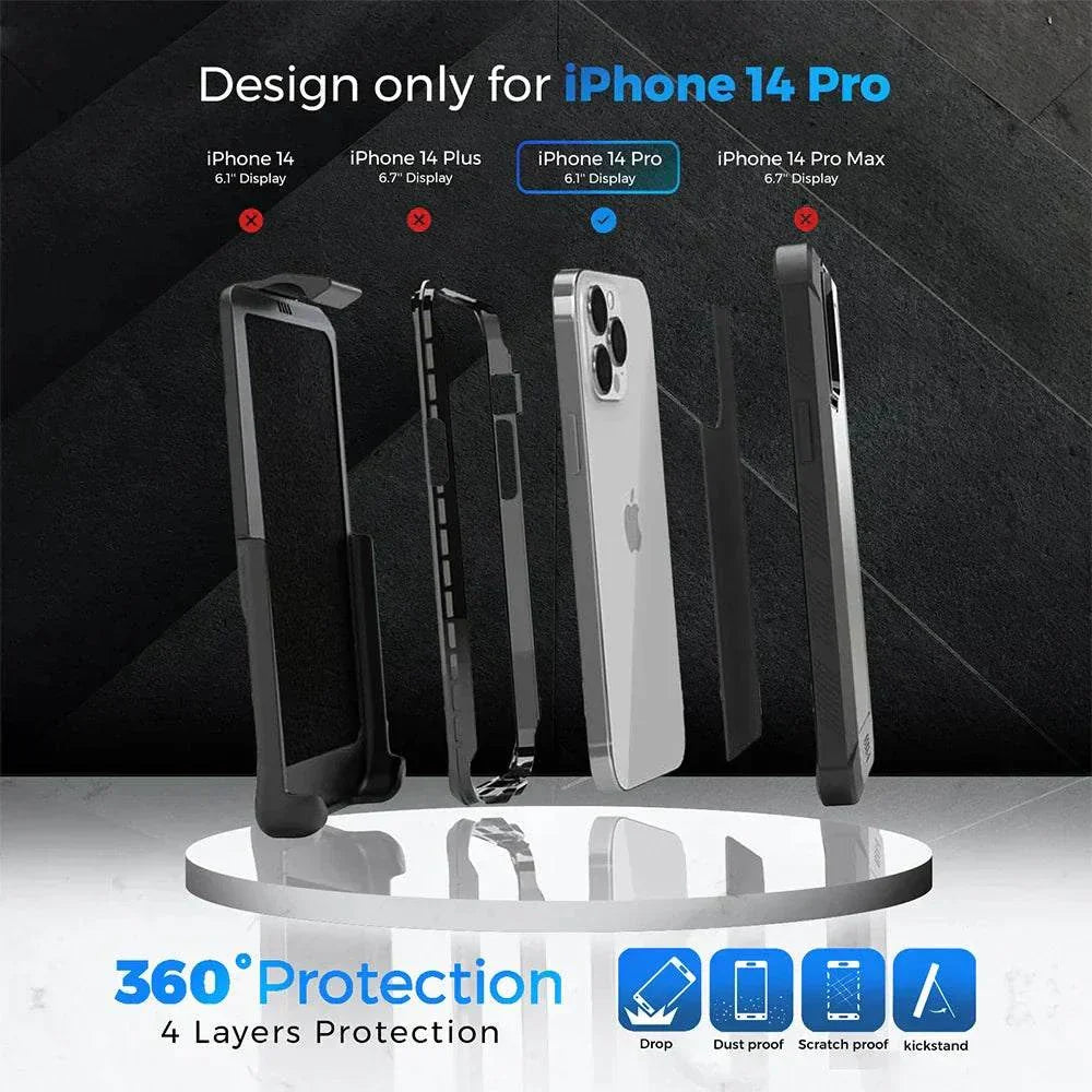 iPhone 14 Pro Max heavy duty case with 360-degree protection, belt clip holster, and kickstand.