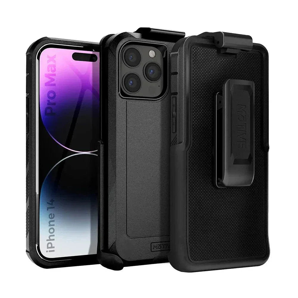iPhone 14 Pro Max heavy-duty case with belt clip and kickstand for 360-degree protection.