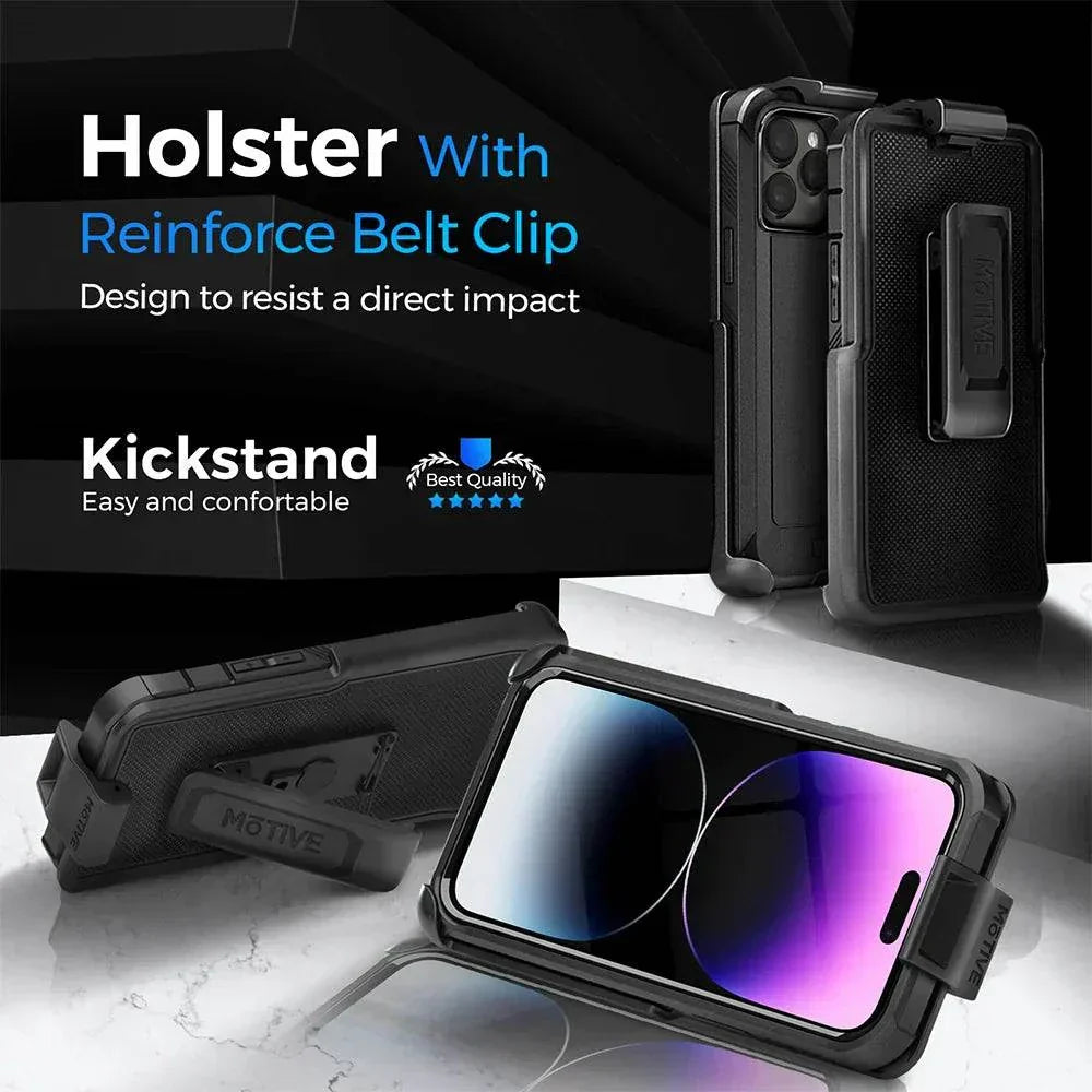Heavy duty iPhone 14 Pro Max case with belt clip holster and kickstand for 360-degree protection.
