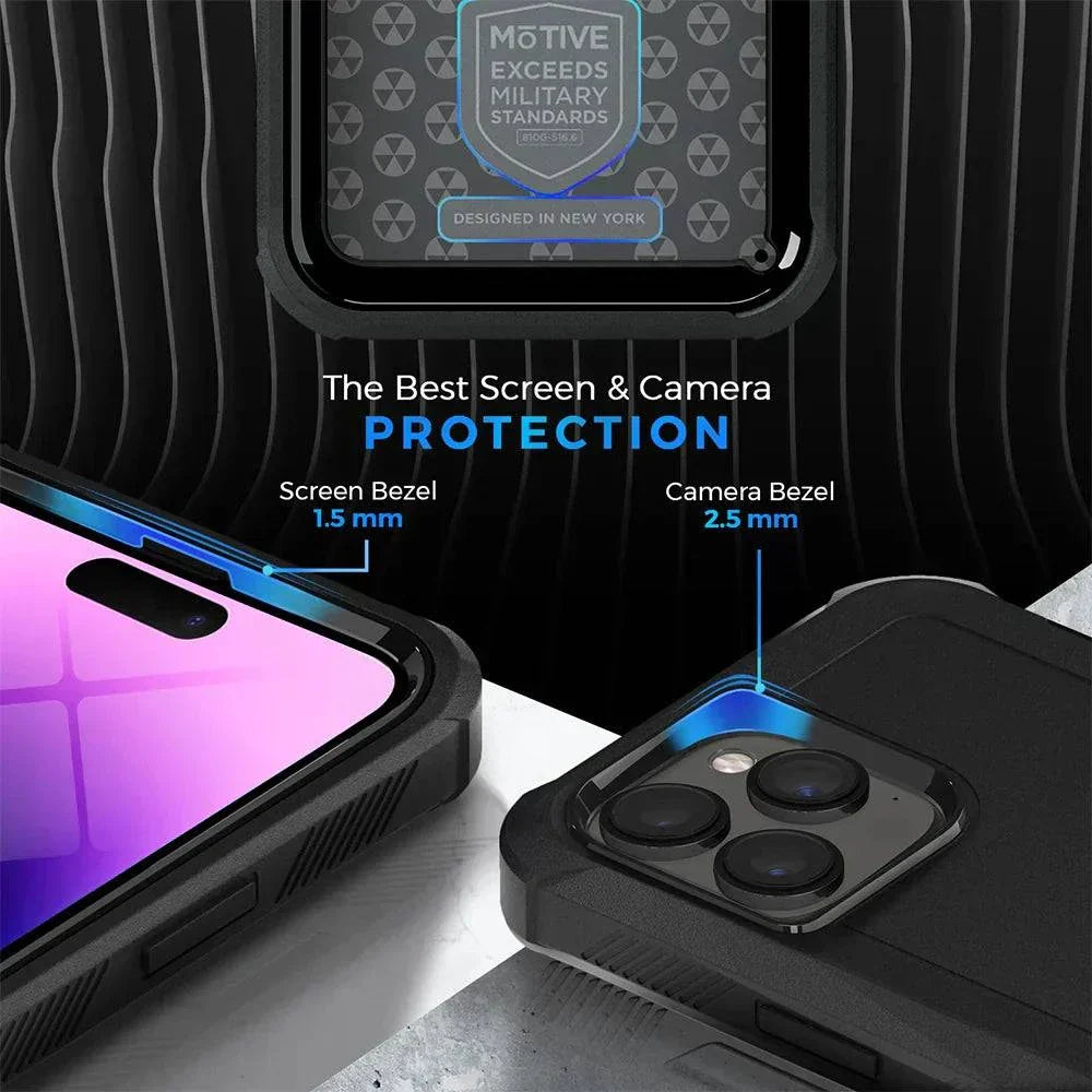 iPhone 14 Pro Max heavy duty case with belt clip, quad-layer protection, and raised bezels for screen and camera.