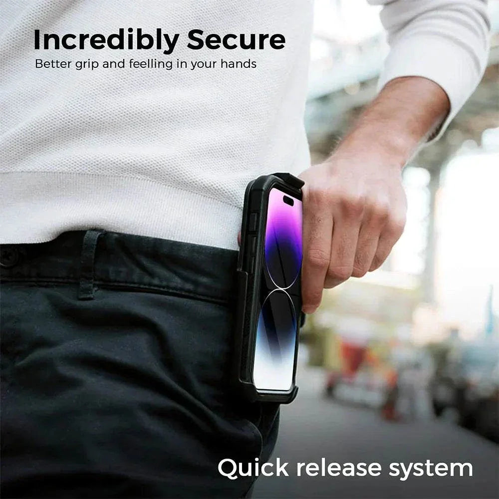 iPhone 14 Pro Max case with belt clip holster in use for secure grip and quick release system.