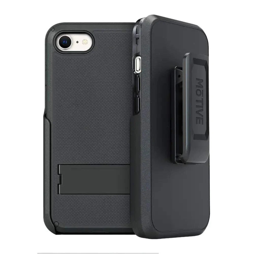 Durable protective case with belt clip for iPhone SE, featuring 360° protection and military-grade drop resistance.