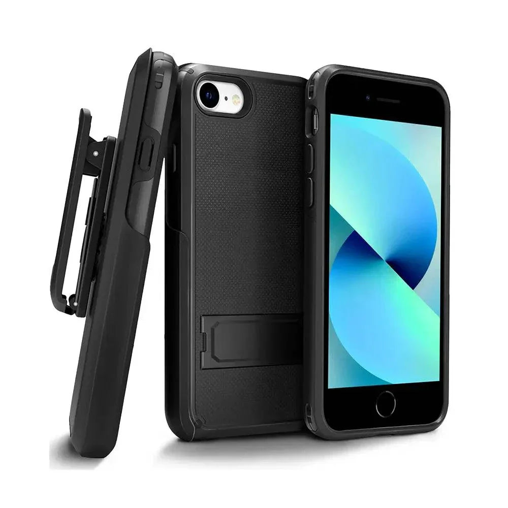Durable protective case with belt clip for iPhone SE featuring 360° protection, kickstand, and card slot.