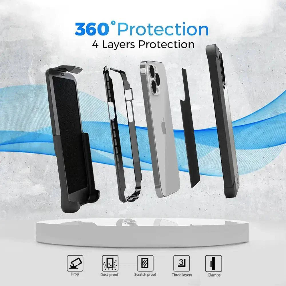 iPhone 13 Pro rugged shockproof case with belt clip and 360-degree protection features.