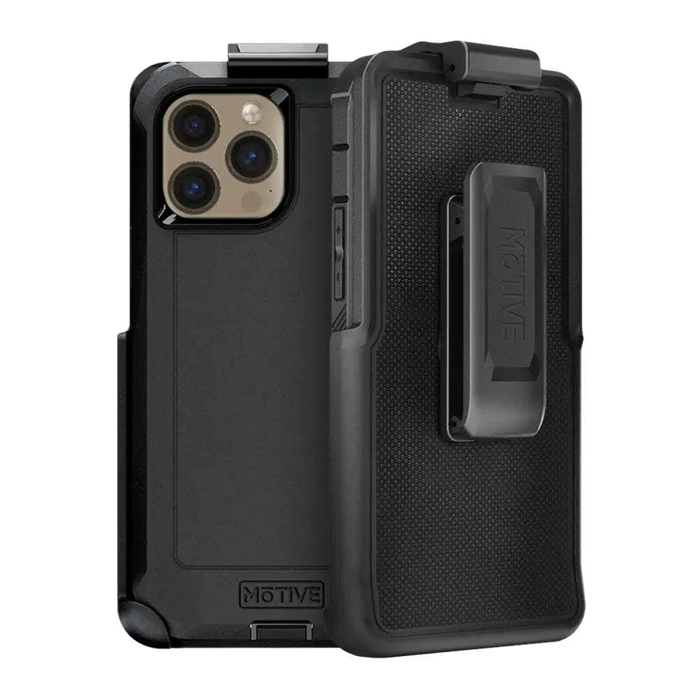 Rugged shockproof iPhone 13 Pro case with belt clip and quad-layer protection.