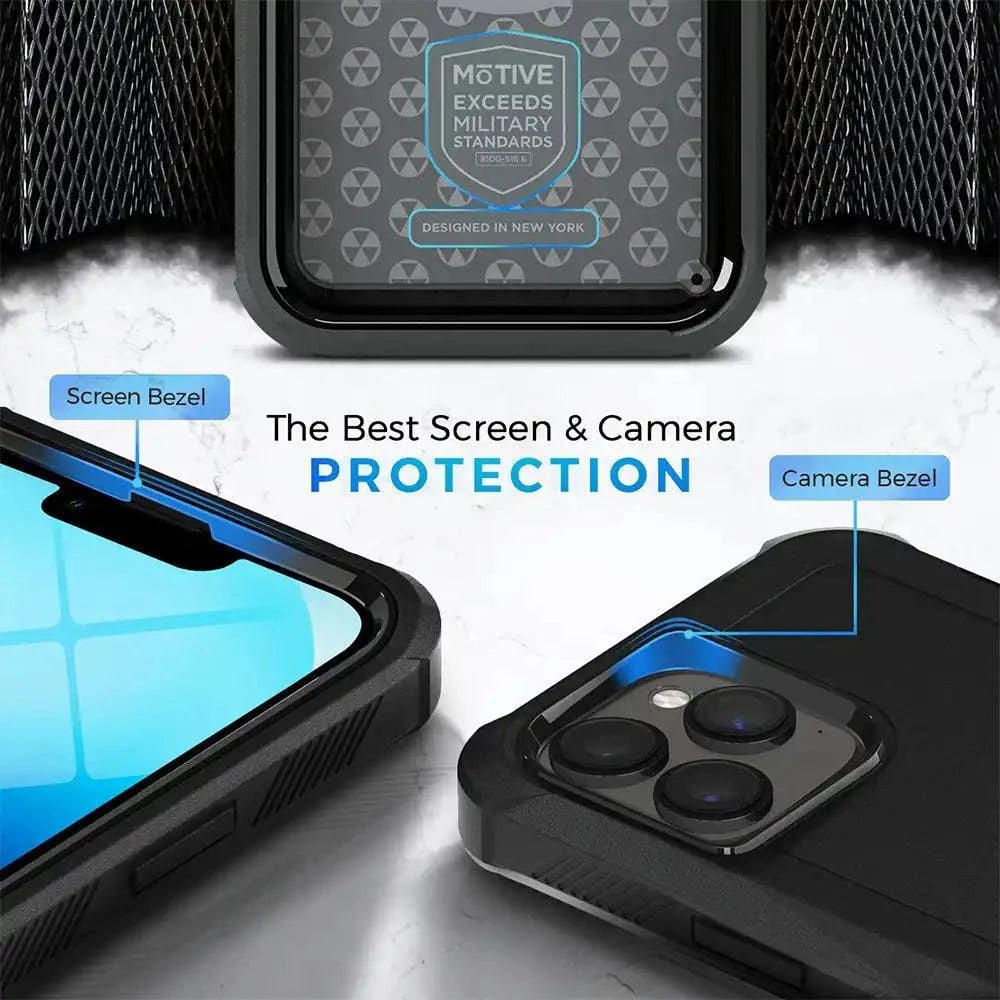 iPhone 13 Pro case with belt clip, includes rugged quad-layer design for screen and camera protection.