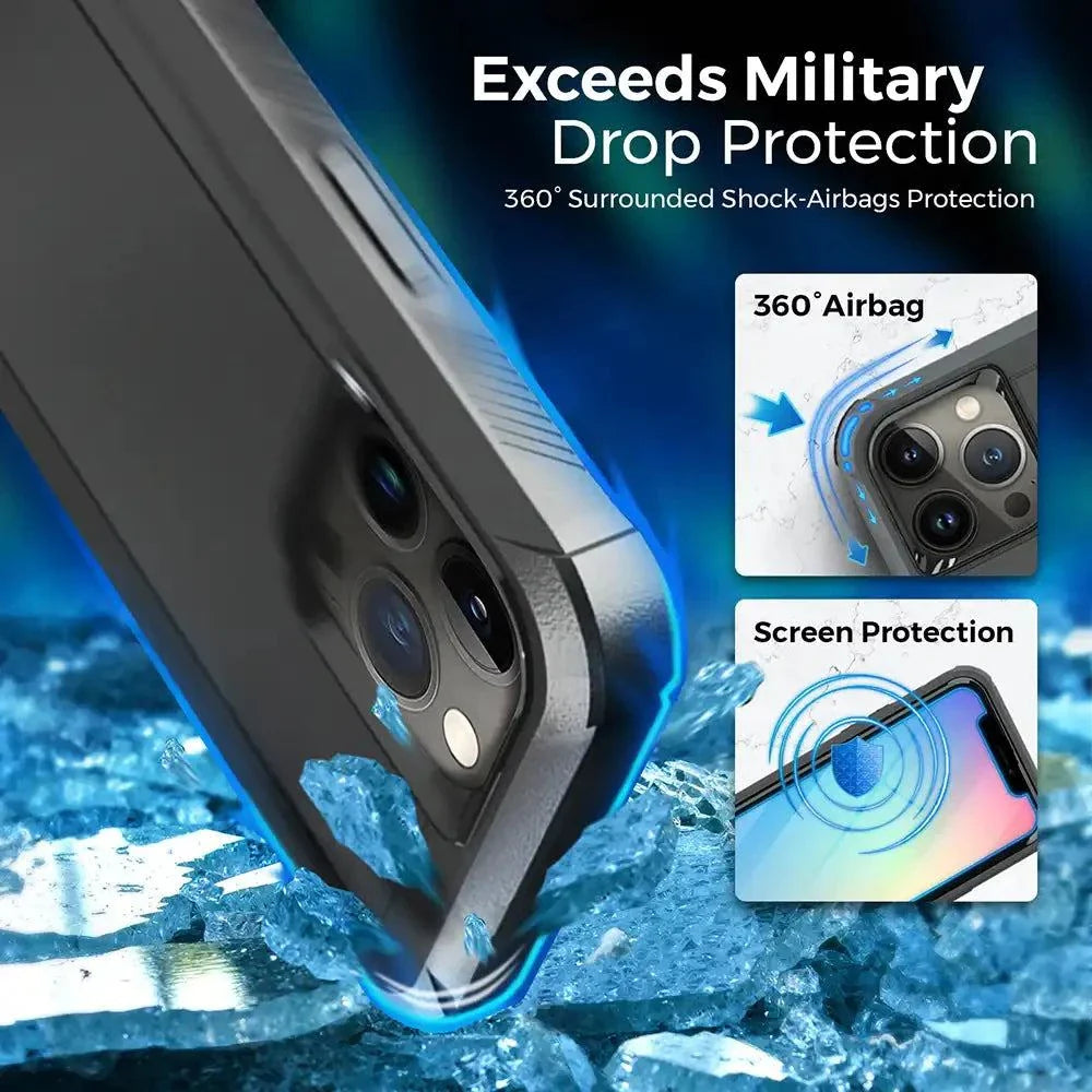 Rugged iPhone 13 Pro case with belt clip, offering 360-degree military-grade shockproof protection.