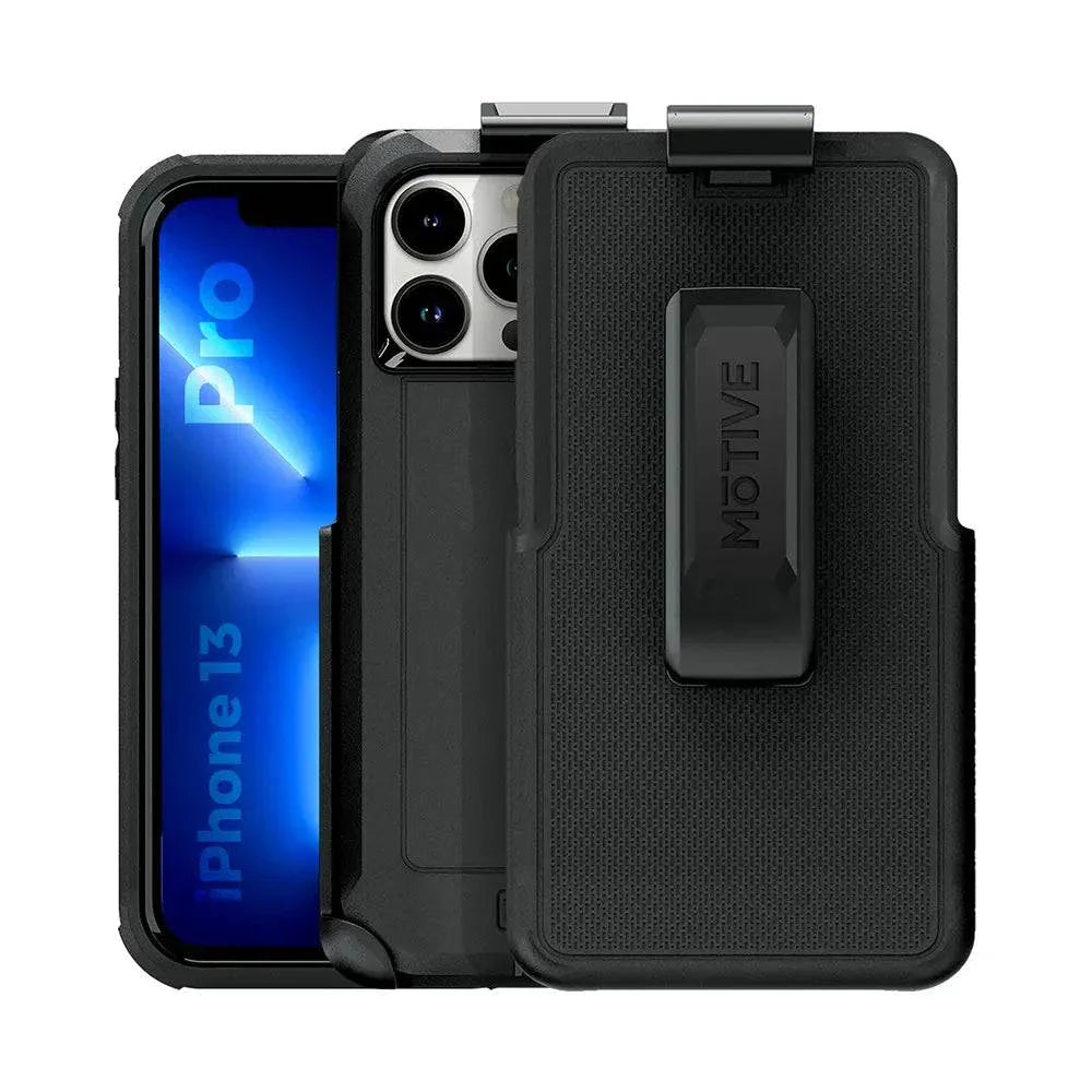 Rugged iPhone 13 Pro case with belt clip, shockproof protection, black.