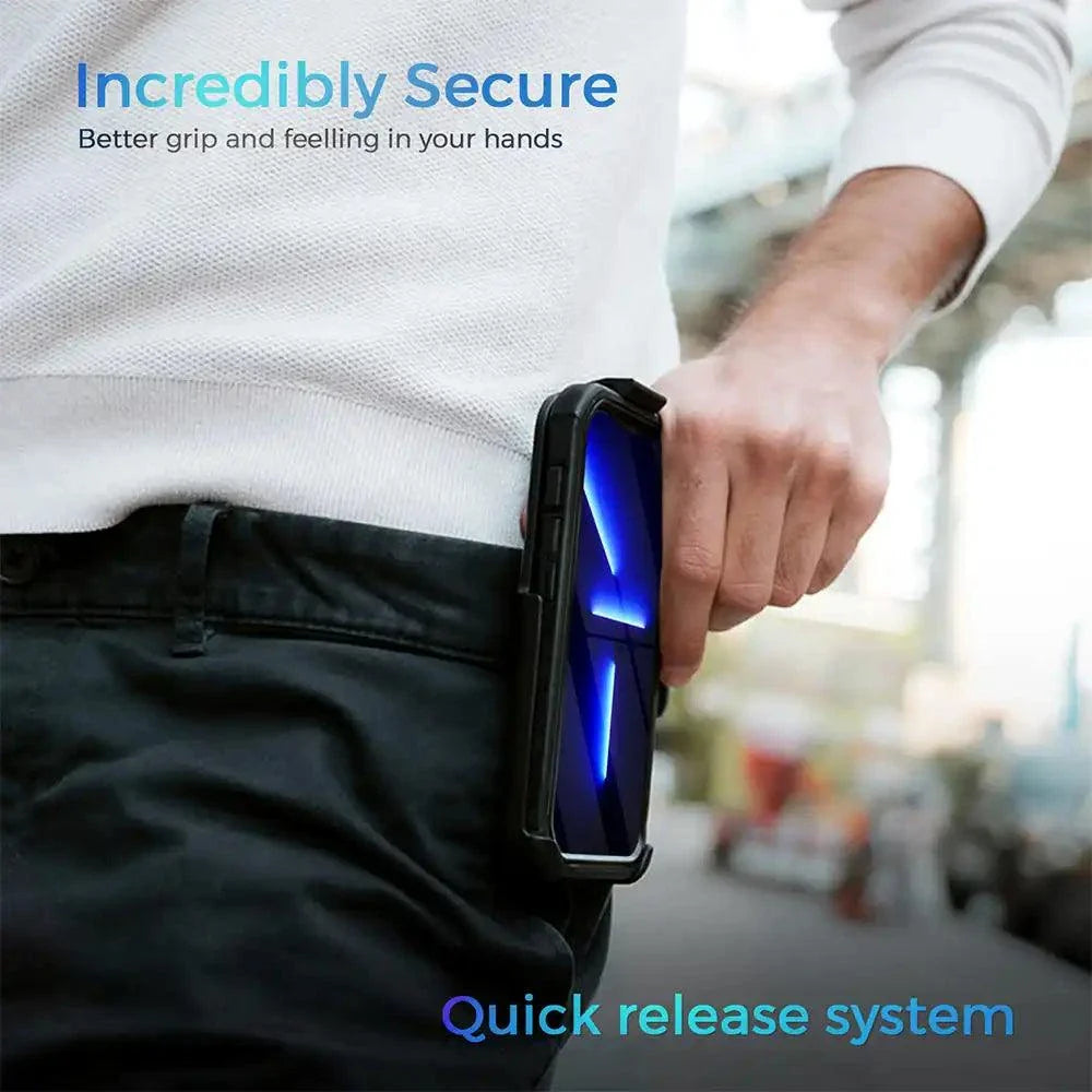 Rugged iPhone 13 Pro case with belt clip for secure carrying.
