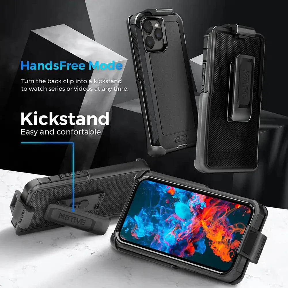 Rugged iPhone 13 Pro case with belt clip and kickstand.