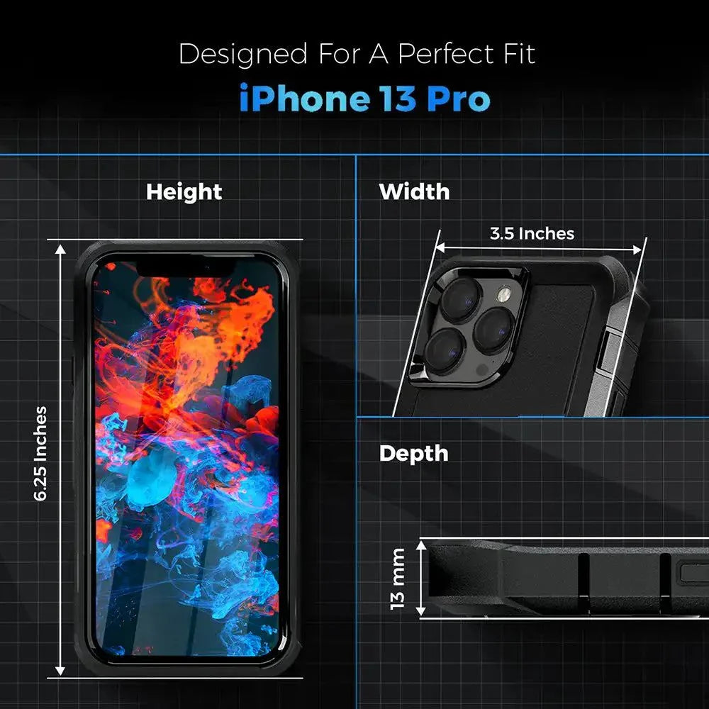 Rugged iPhone 13 Pro case with belt clip, shockproof and scratch-resistant, featuring dimensions for perfect fit.