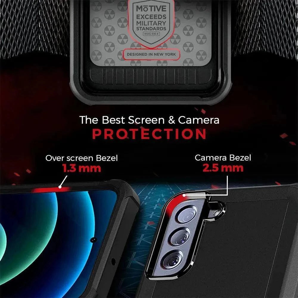 Samsung S22 case with belt clip and military-grade protection, featuring a kickstand and raised bezels for screen and camera safety.