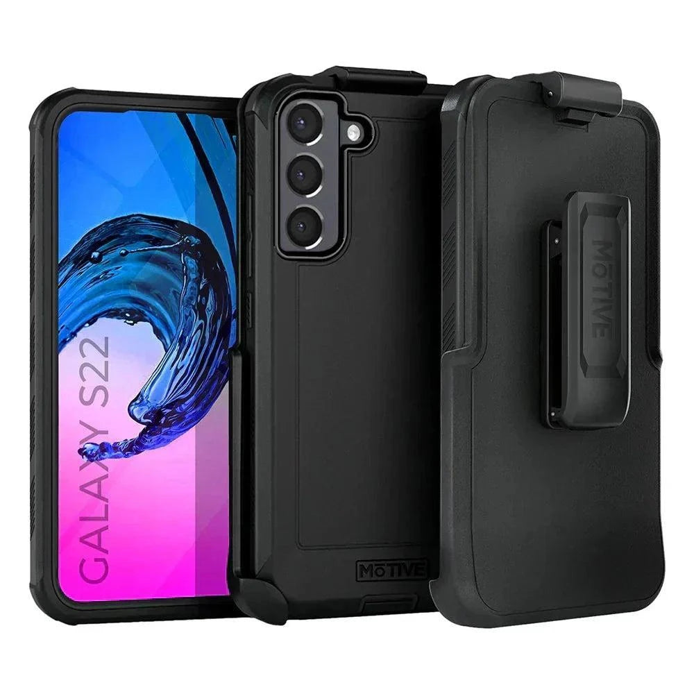 Samsung S22 case with belt clip, heavy duty protection, black rugged design.