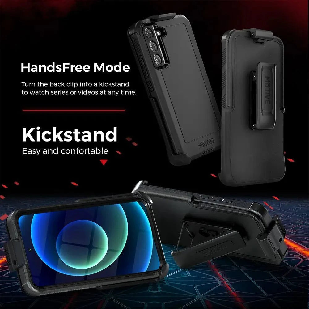 Samsung S22 case with belt clip, heavy duty protection, kickstand for hands-free viewing.
