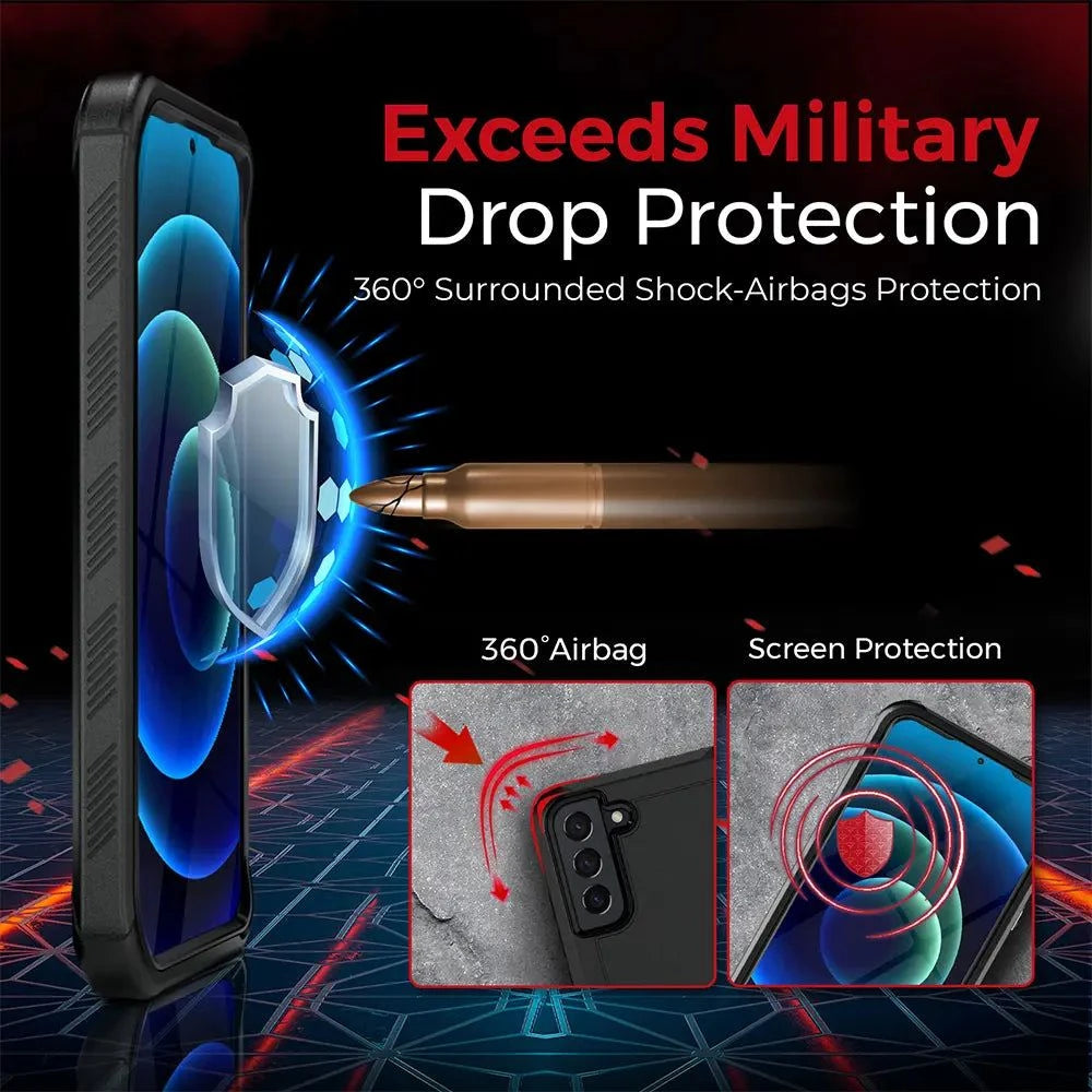Samsung S22 case with belt clip, 360° defense, military-grade drop protection, shockproof design, screen and camera safeguarding.