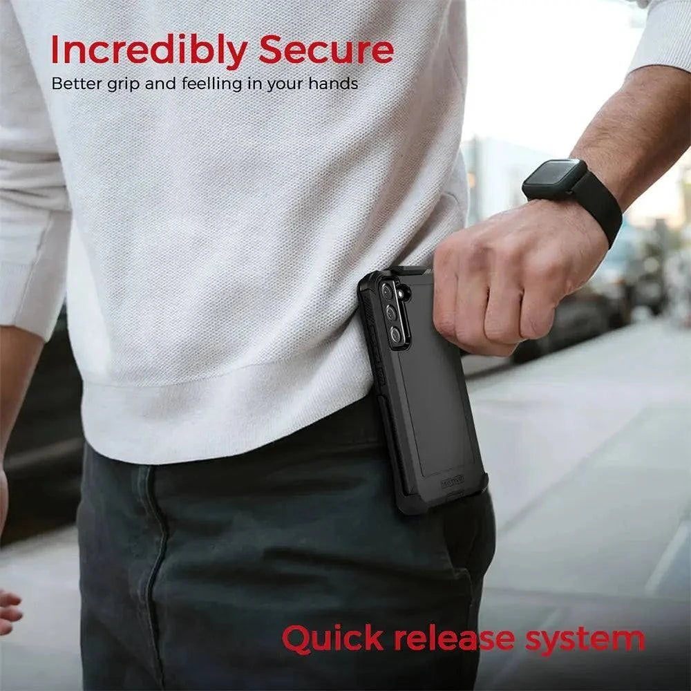 Samsung S22 case with belt clip providing secure grip and quick release system.
