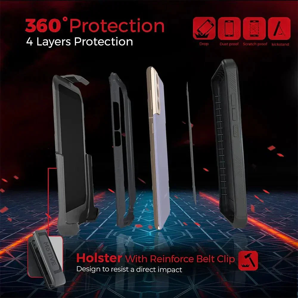 Samsung Galaxy S22 case with belt clip, rugged quad-layer protection, 360-degree defense, black color, with holster.