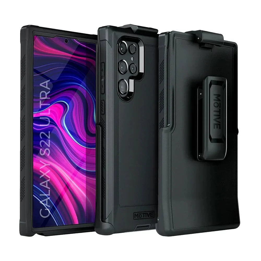 S22 Ultra rugged case with belt clip and holster providing 360-degree protection.