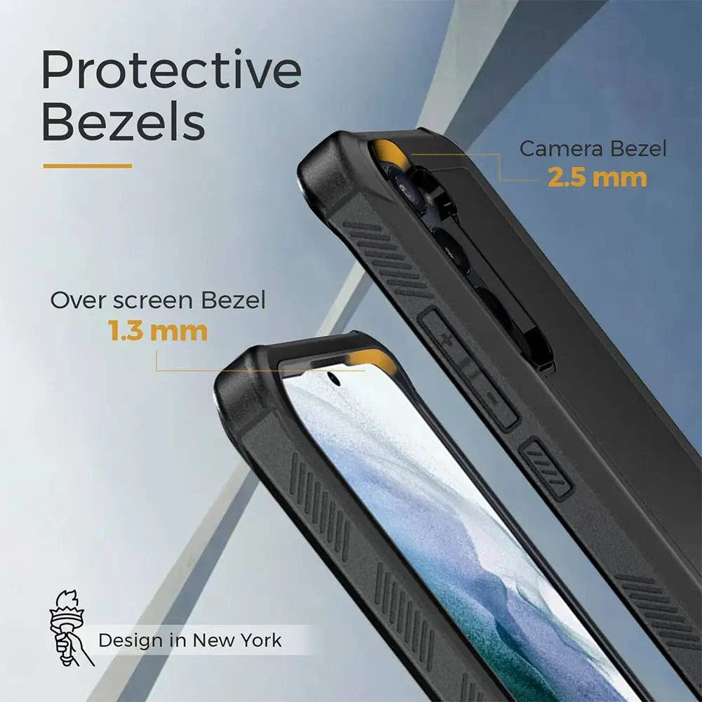 Samsung Galaxy S23 case with belt clip, rugged protection, raised bezels for screen and camera.