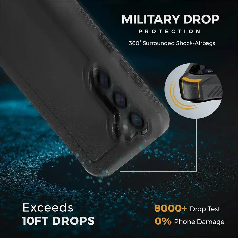 Samsung Galaxy S23 case with belt clip, rugged protection, 360° defense, military-grade, shockproof, built-in kickstand.