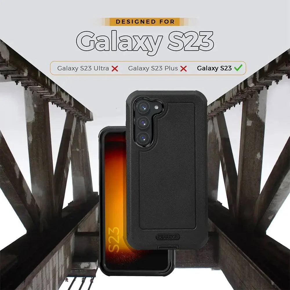 Rugged Samsung Galaxy S23 case with belt clip, quad-layer