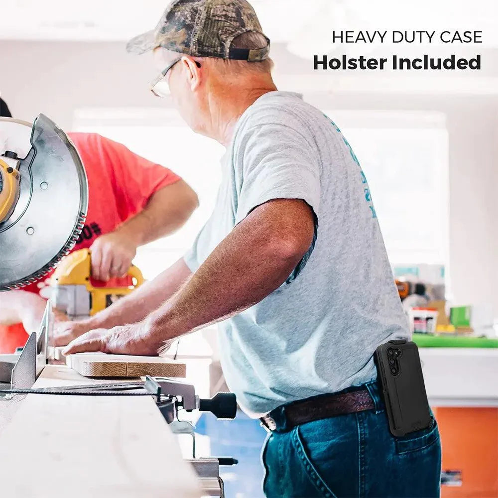 Samsung Galaxy S23 case with belt clip shown in use on worker, rugged and durable with holster included.