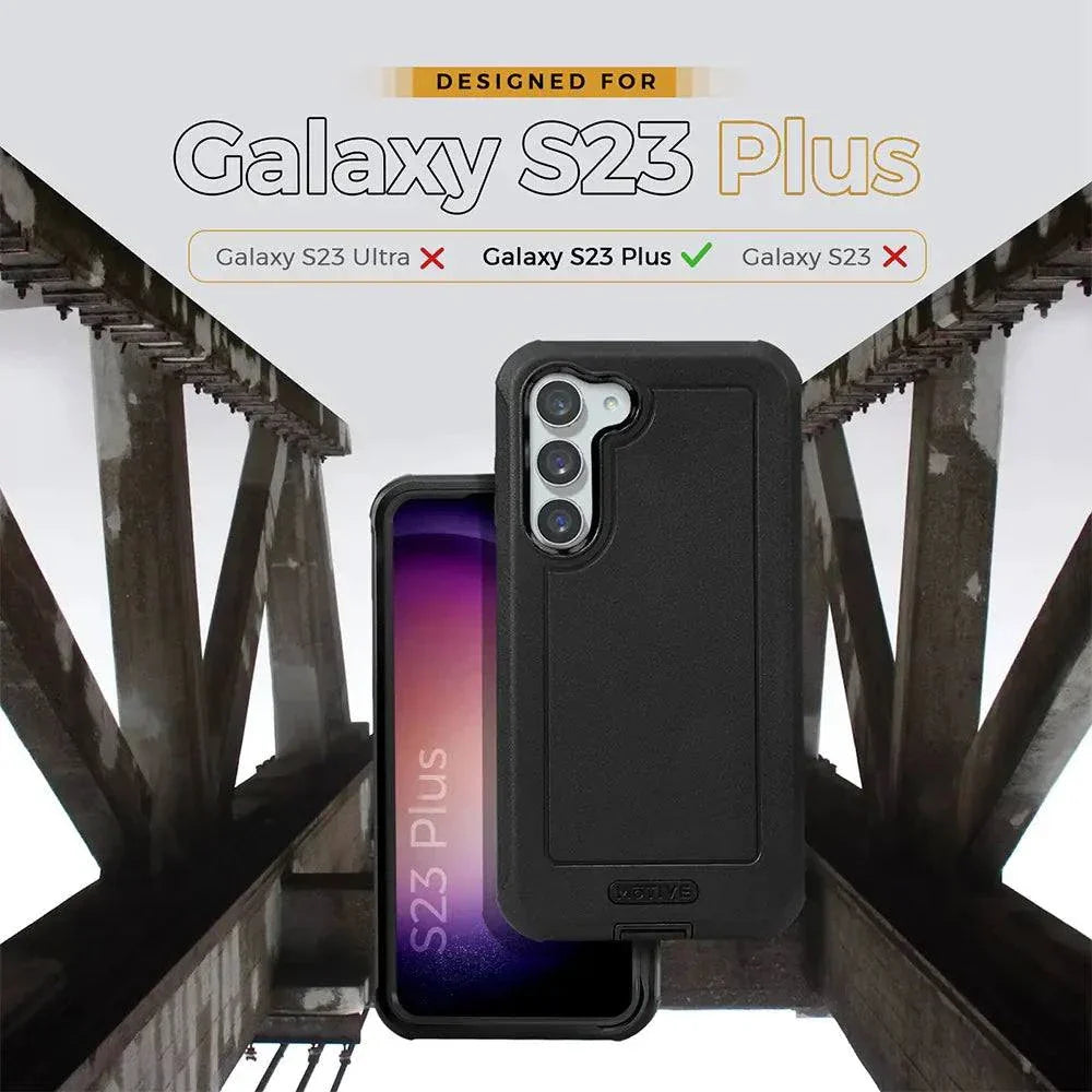 Galaxy S23 Plus heavy-duty protective case with belt clip holster and kickstand.