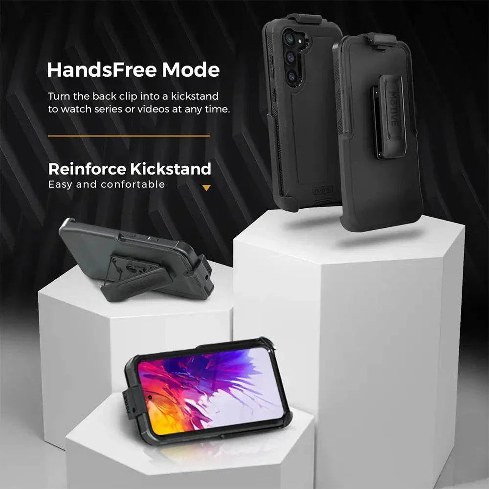 Galaxy S23 Plus heavy-duty case with kickstand and holster on display; military-grade protection.