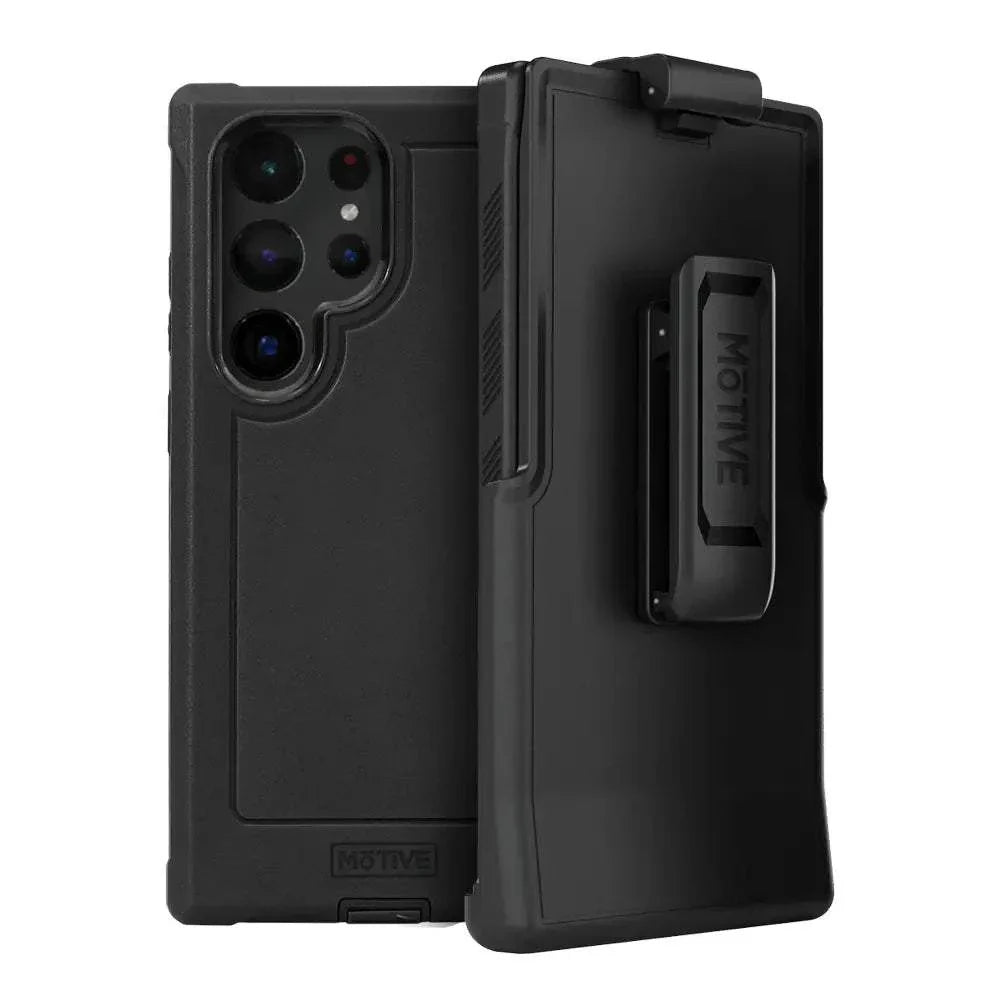 Rugged Samsung Galaxy S23 Ultra case with belt clip and kickstand for protection and portability.