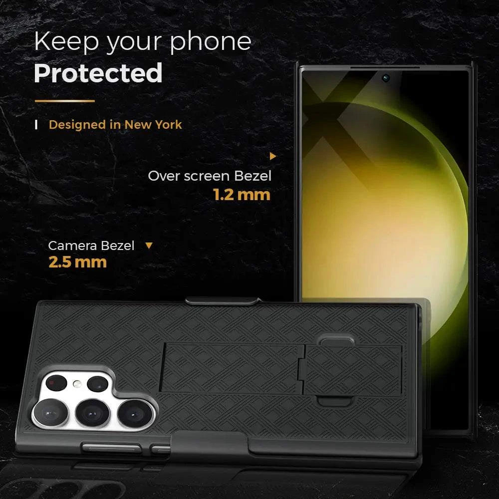 Rugged S23 Ultra case with belt clip and dual kickstands, providing 360° military-grade protection.