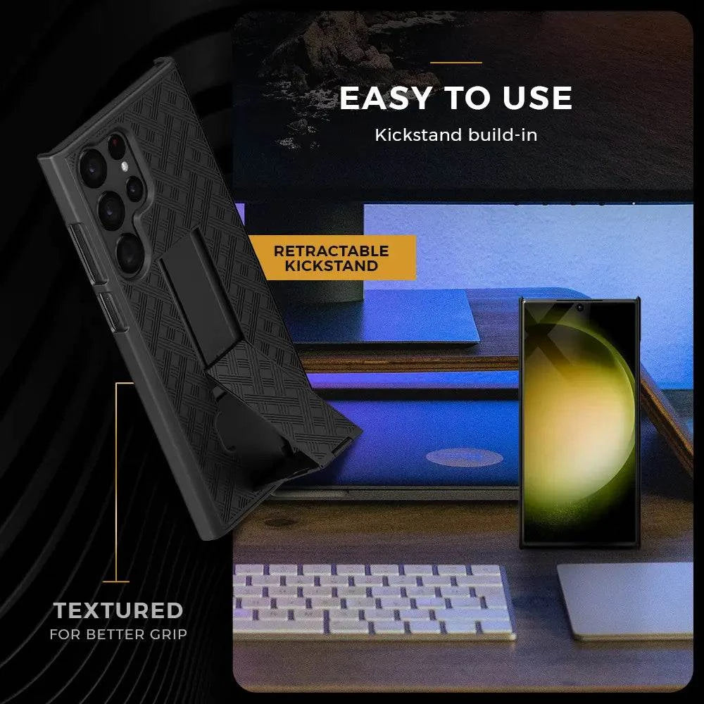 Galaxy S23 Ultra case with belt clip, featuring textured grip, retractable kickstand, rugged protection.