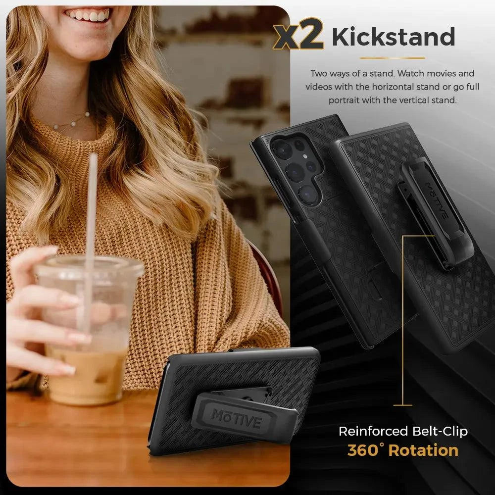 S23 Ultra case with dual kickstands and belt clip for 360° rotation protection.