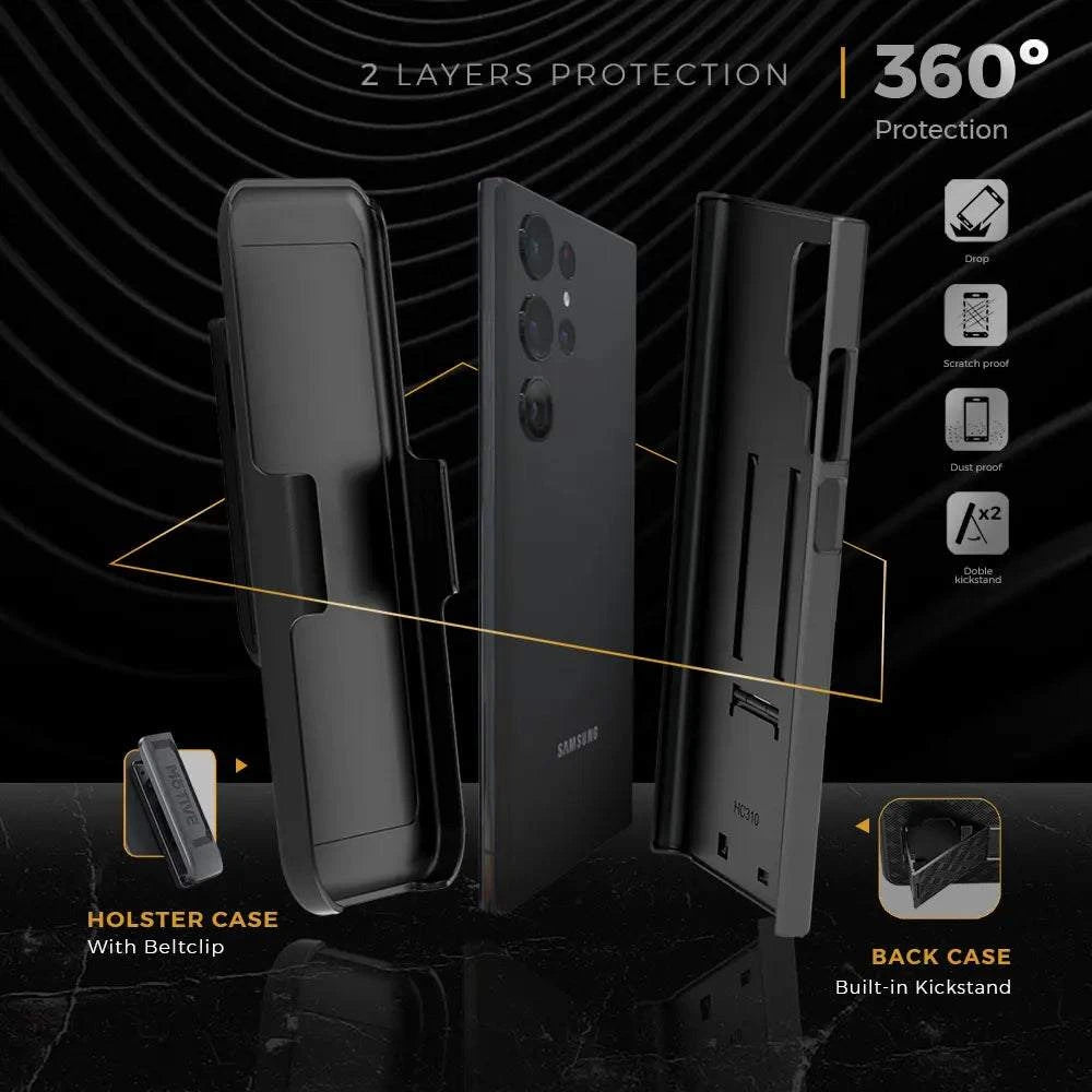 S23 Ultra case with belt clip, 360° protection, dual kickstands, rugged drop defense.